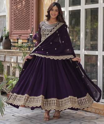 Purple faux georgette readymade anarkali suit with embroidery & zari work 3