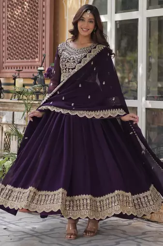 Purple faux georgette readymade anarkali suit with embroidery & zari work