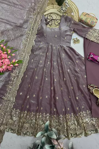  purple zari embroidered silk anarkali suit set with dupatta