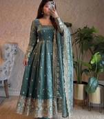  sea blue zari embroidered silk anarkali suit set with dupatta
