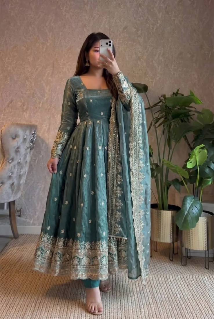  sea blue zari embroidered silk anarkali suit set with dupatta