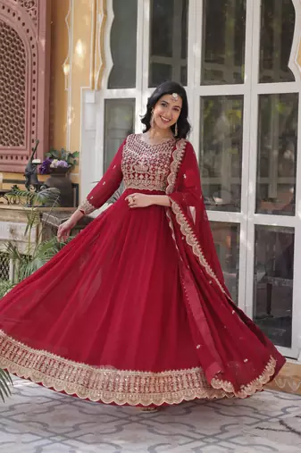 Red faux georgette readymade anarkali suit with embroidery & zari work