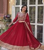Red faux georgette readymade anarkali suit with embroidery & zari work