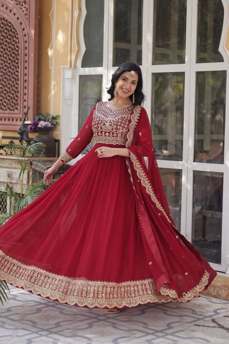 Red faux georgette readymade anarkali suit with embroidery & zari work