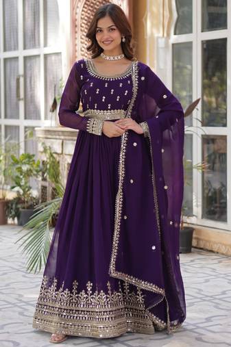 Purple faux georgette readymade anarkali suit with embroidery & zari work