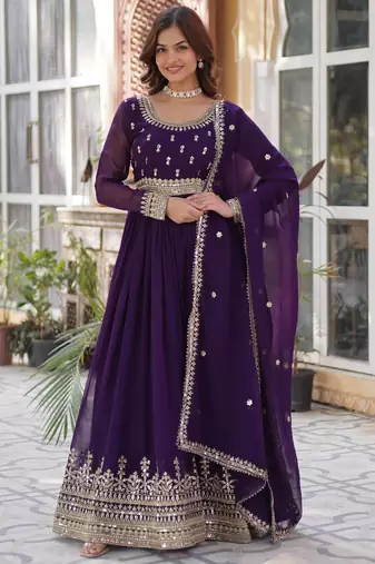 Purple faux georgette readymade anarkali suit with embroidery & zari work