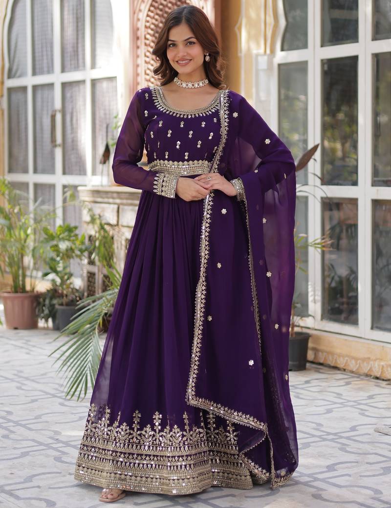 Purple faux georgette readymade anarkali suit with embroidery & zari work