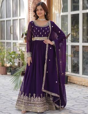 Purple faux georgette readymade anarkali suit with embroidery & zari work 4