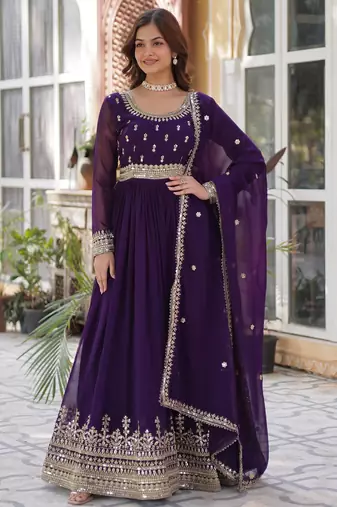 Purple faux georgette readymade anarkali suit with embroidery & zari work