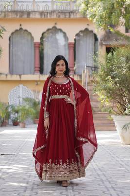 Red faux georgette readymade anarkali suit with embroidery & zari work 1