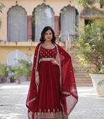 Red faux georgette readymade anarkali suit with embroidery & zari work