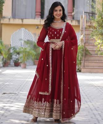 Red faux georgette readymade anarkali suit with embroidery & zari work 3
