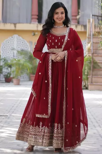 Red faux georgette readymade anarkali suit with embroidery & zari work