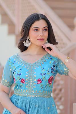 Blue silk readymade anarkali suit with embroidery & zari sequin  work 1
