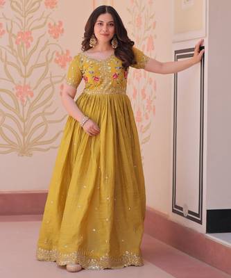 Mustard silk readymade anarkali suit with embroidery & zari sequin  work 1