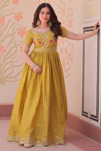 Mustard Silk Readymade Anarkali Suit with Embroidery & Zari Sequence Work