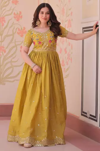 Mustard silk readymade anarkali suit with embroidery & zari sequin  work