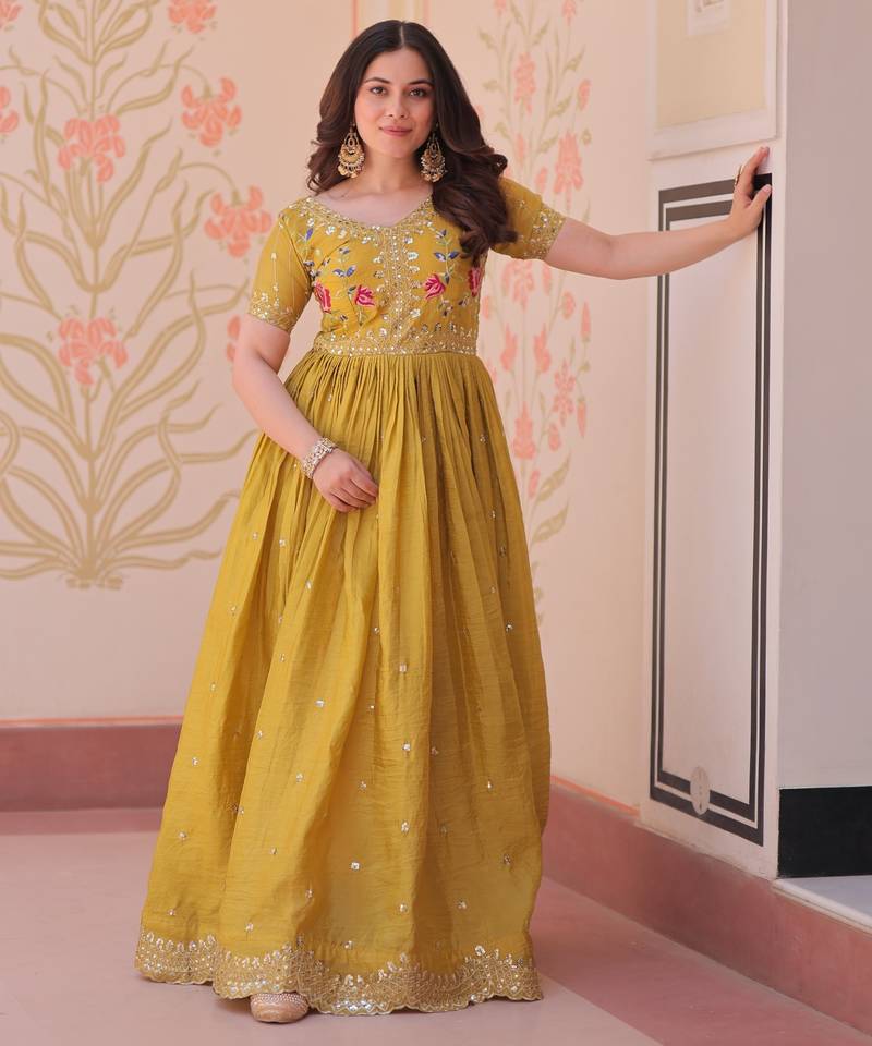Mustard silk readymade anarkali suit with embroidery & zari sequin  work