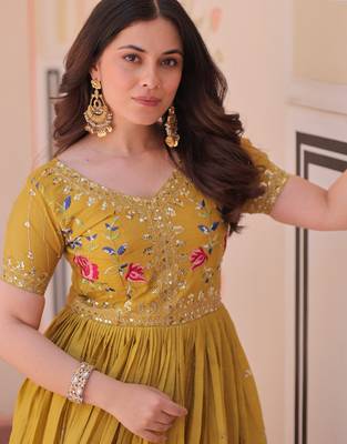 Mustard silk readymade anarkali suit with embroidery & zari sequin  work 2