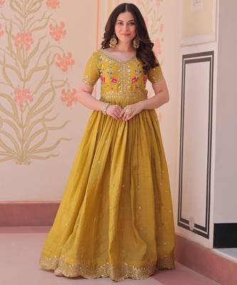 Mustard silk readymade anarkali suit with embroidery & zari sequin  work 3