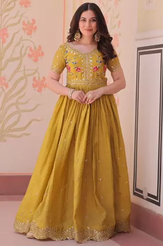 Mustard silk readymade anarkali suit with embroidery & zari sequin  work