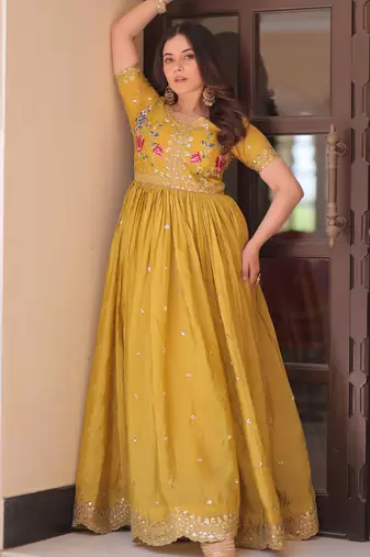 Mustard silk readymade anarkali suit with embroidery & zari sequin  work