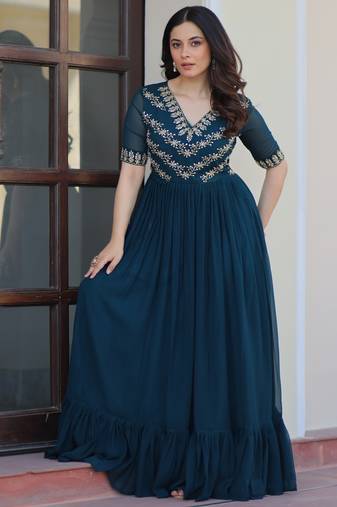 Navy faux georgette readymade anarkali suit with embroidery & beads work