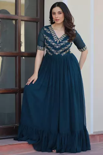 Navy faux georgette readymade anarkali suit with embroidery & beads work