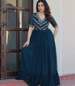 Navy faux georgette readymade anarkali suit with embroidery & beads work
