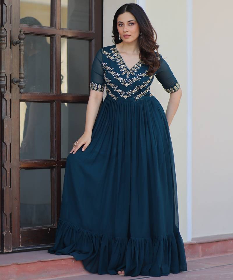 Navy faux georgette readymade anarkali suit with embroidery & beads work