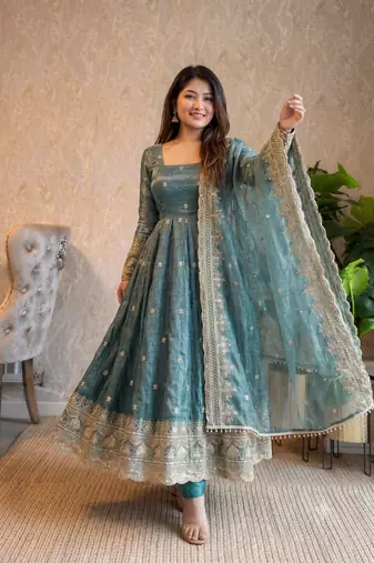  sea blue zari embroidered silk anarkali suit set with dupatta