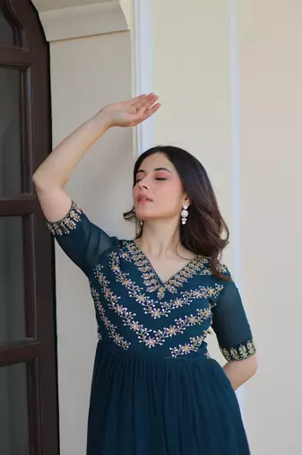 Navy faux georgette readymade anarkali suit with embroidery & beads work