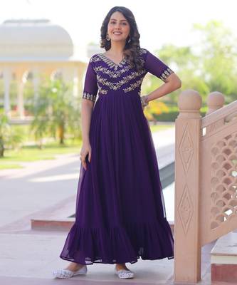 Purple faux georgette readymade anarkali suit with embroidery & beads work 1