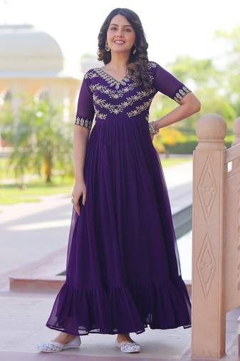 Purple faux georgette readymade anarkali suit with embroidery & beads work