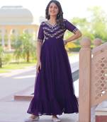 Purple faux georgette readymade anarkali suit with embroidery & beads work