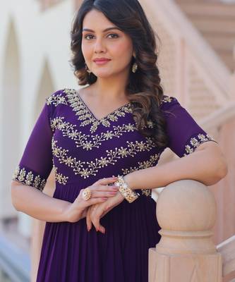 Purple faux georgette readymade anarkali suit with embroidery & beads work 2