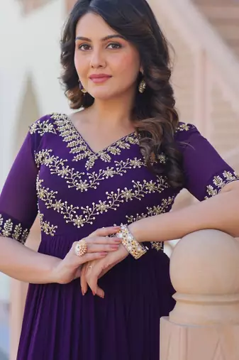 Purple faux georgette readymade anarkali suit with embroidery & beads work