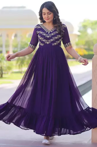 Purple faux georgette readymade anarkali suit with embroidery & beads work