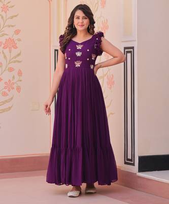 Purple faux georgette readymade anarkali suit with embroidery & beads work 1