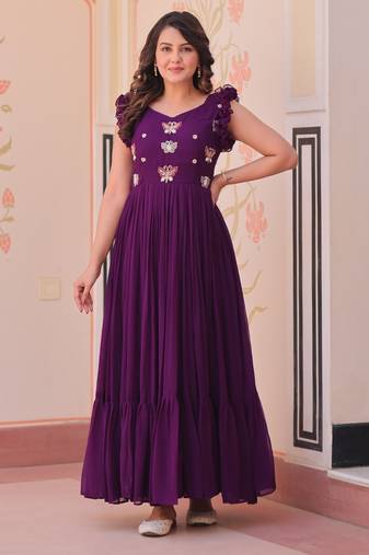 Purple faux georgette readymade anarkali suit with embroidery & beads work