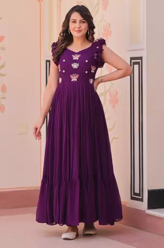 Purple faux georgette readymade anarkali suit with embroidery & beads work