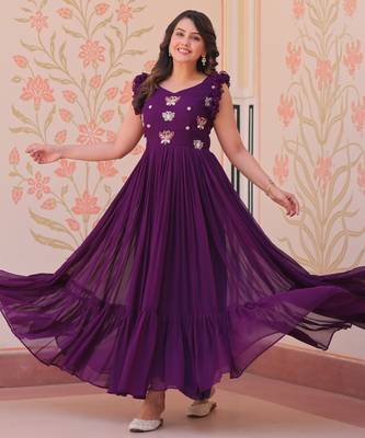 Purple faux georgette readymade anarkali suit with embroidery & beads work 3