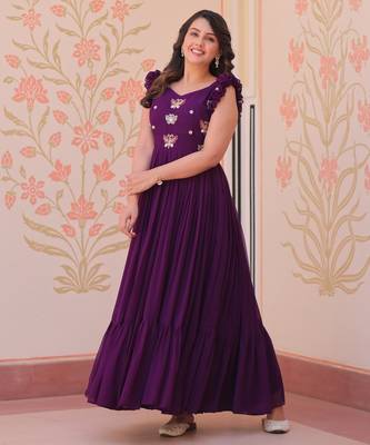 Purple faux georgette readymade anarkali suit with embroidery & beads work 4