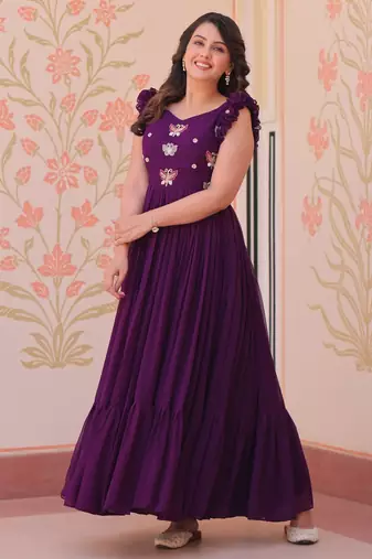 Purple faux georgette readymade anarkali suit with embroidery & beads work