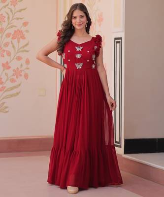 Red faux georgette readymade anarkali suit with embroidery & beads work 1