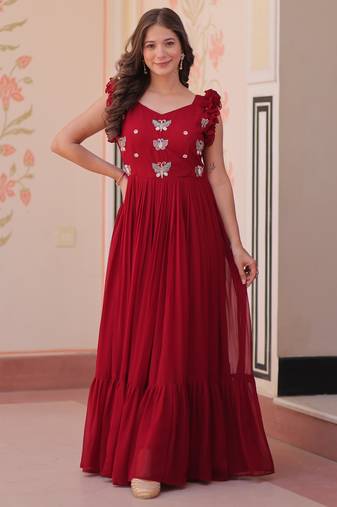 Red faux georgette readymade anarkali suit with embroidery & beads work