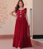 Red faux georgette readymade anarkali suit with embroidery & beads work
