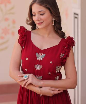 Red faux georgette readymade anarkali suit with embroidery & beads work 2