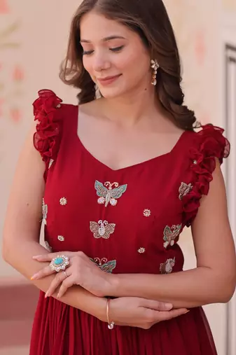 Red faux georgette readymade anarkali suit with embroidery & beads work