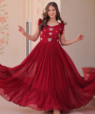 Red faux georgette readymade anarkali suit with embroidery & beads work 3